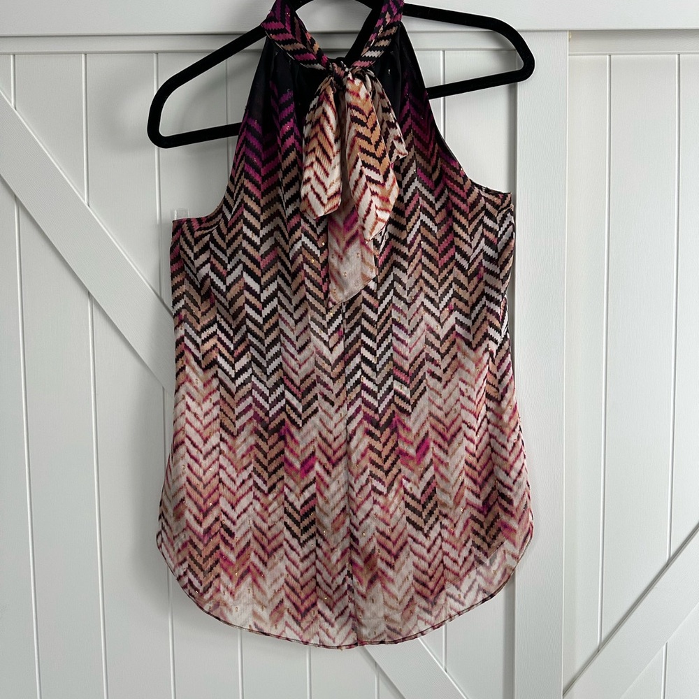 White House Black Market Chevron Tie Neck Blouse Size 0 Sleeveless Multicolor - Picture 5 of 8
